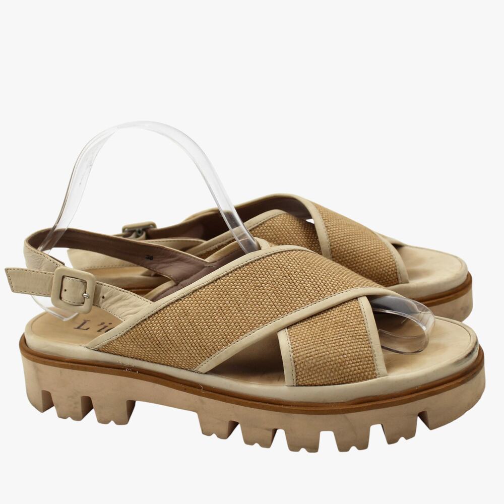 L'idea By Lori Raffia Crisscross Platform Sandals Tan Rubber Size 38 US 8